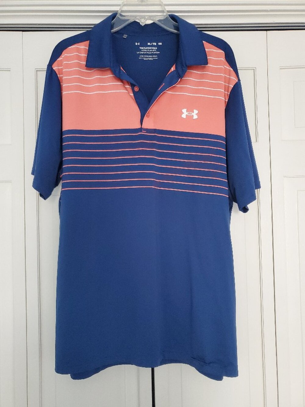 Under Armour Men's Playoff 2.0 Performance Polo Shirt Blue Coral Striped XL